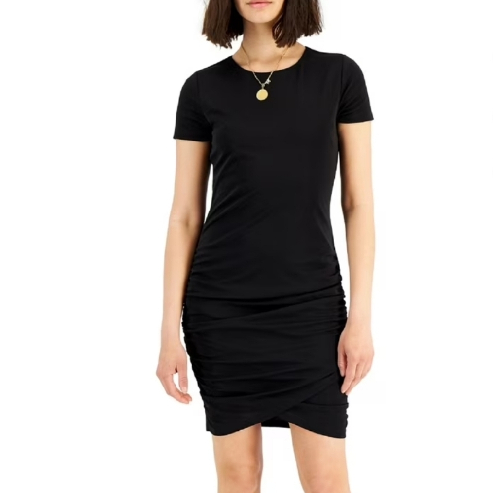 International Concepts Mini Dress Womens sz XL Black Short Sleeve Ruched Party